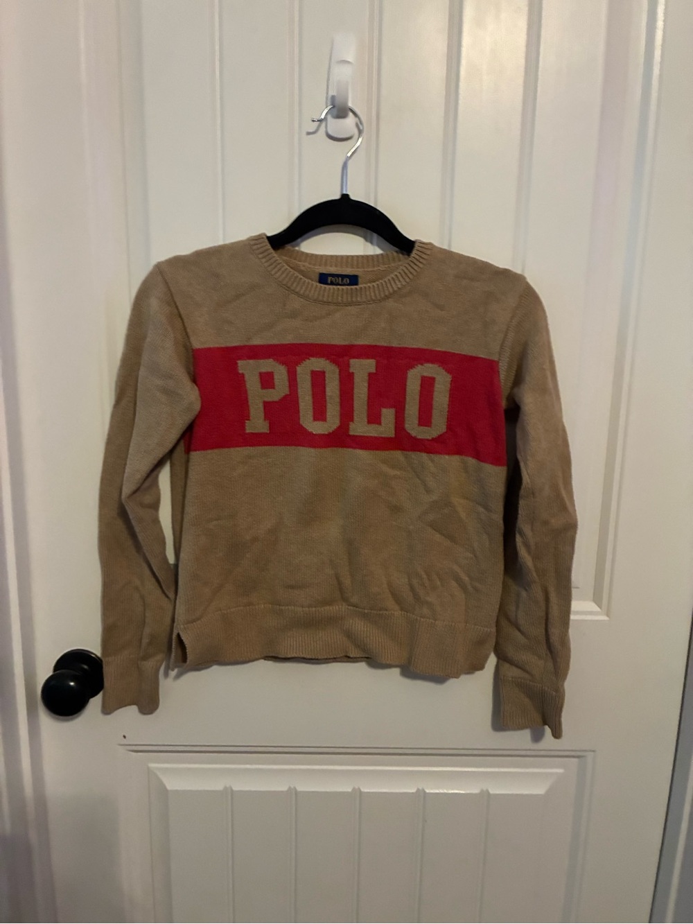 Polo by Ralph Lauren Tan Crewneck Sweater with Red Logo Band